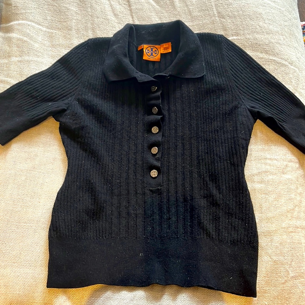 Tory Burch wool knit button down top, M medium. 100% wool black